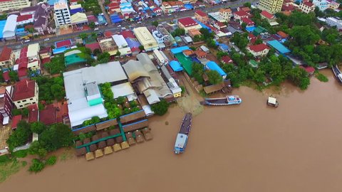 Ferry Boat Crossing The Mekong River in Cambodia by Drone