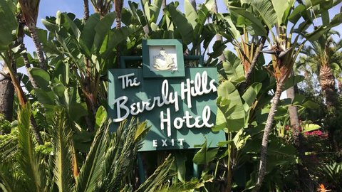 LOS ANGELES, March 30,2019: Steady shot close up of the Beverly Hills Hotel sign on Sunset Boulevard on a sunny day,surrounded by palms and a blue sky.The iconic hotel is owned by the Sultan of Brunei