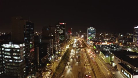 Lima, Peru - March 21 2019: Aerial view of Via Expresa highway in San Isidro, the financial district at rush hour. Traffic jam at night time with vehicles lights.