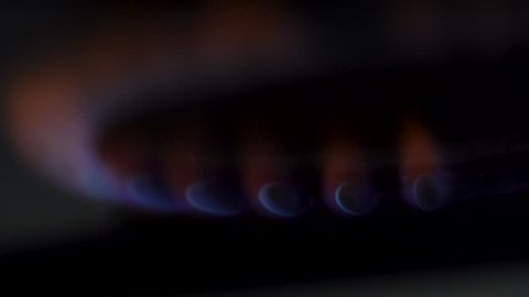 Close up for natural gas burns on the kitchen stove in the dark. Media. Red and blue flame of gas burner, cooking concept.