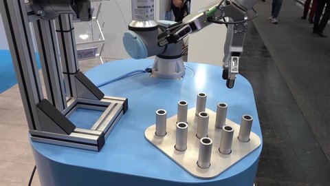 HANNOVER / GERMANY - APRIL 02 2019 : OnRobot is presenting the newest generation of cobots - Collaborative robots - and HGVs at the HANNOVER FAIR.