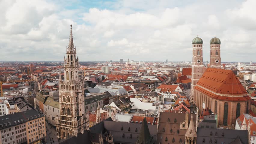 Aerial view on Marienplatz town hall and Frauenkirche in Munich, Germany Royalty-Free Stock Footage #1026986729