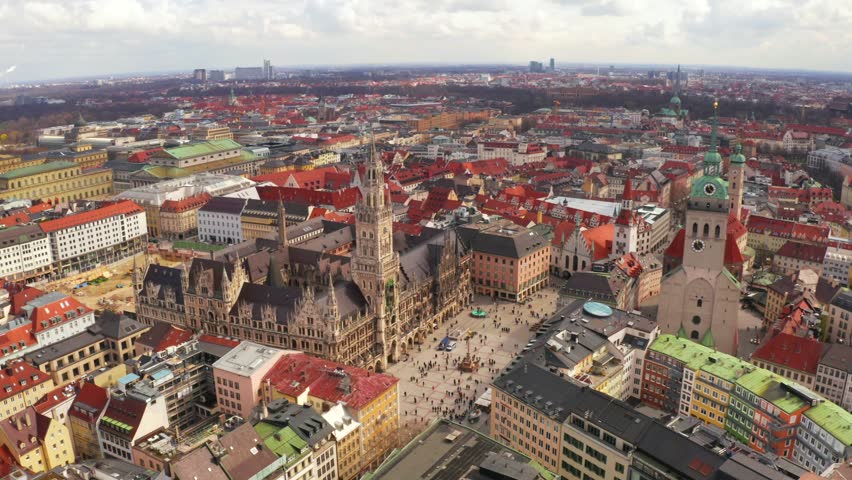 Aerial view on Marienplatz town hall and Frauenkirche in Munich, Germany