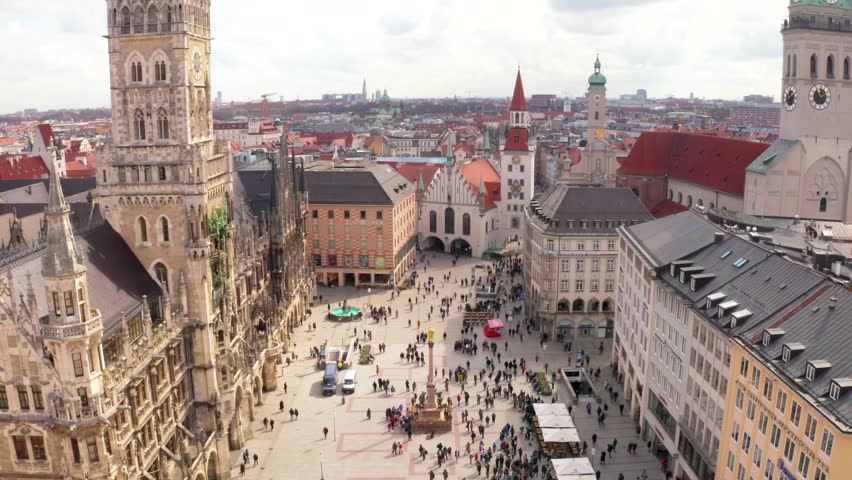 Aerial view on Marienplatz town hall and Frauenkirche in Munich, Germany Royalty-Free Stock Footage #1026986780