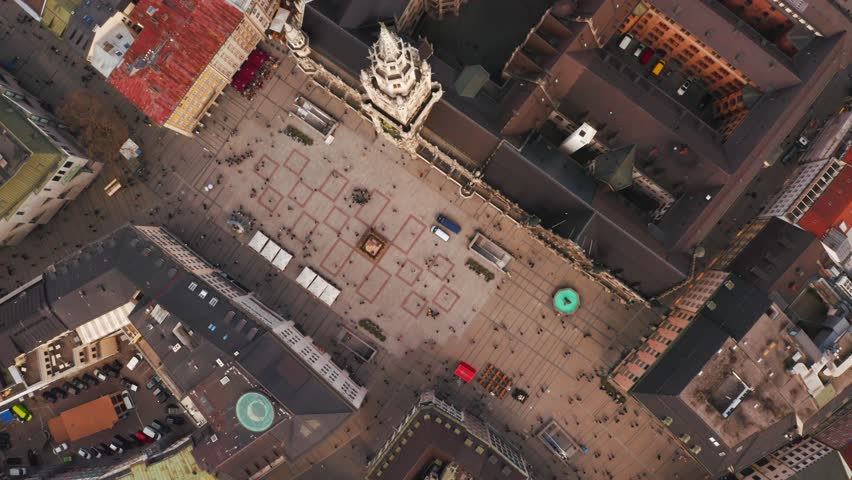Aerial view of the Munich old town center above Marienplatz town hall. Royalty-Free Stock Footage #1026986927