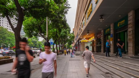 shenzhen city famous crowded sidewalk street walk pov panorama 4k timelapse china