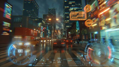 3d fake Video Game. Racing simulation. night city. lights after rain. part 1 of 2. Hud