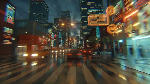 3d fake Video Game. Racing simulation. night city. lights after rain. part 1 of 2.