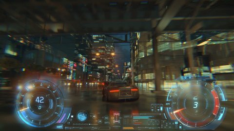 3d fake Video Game. Racing simulation. night city. lights after rain. part 2 of 2. Hud