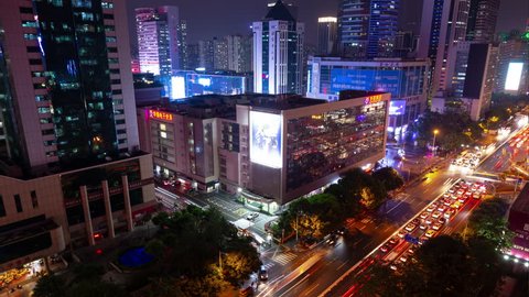 SHENZHEN, CHINA - OCTOBER 3 2018: night illuminated shenzhen city famous traffic street crossroad rooftop panorama 4k timelapse circa october 3 2018 shenzhen, china.