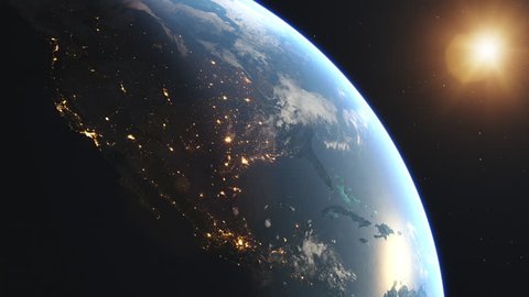 4K Beautiful Sunrise over North America. Realistic earth with night lights from space. High quality 3d animation. Elements of this image furnished by NASA.
