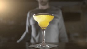Bartender finishes the cocktail in high glass with dried fruits and cocktail straws, making cocktails in a bar, alcohol drink, bar party, 4k UHD 60p video in Prores HQ 422