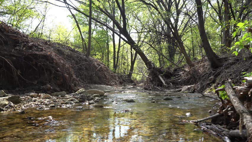 River in a city park on a sunny spring day in Plano, Texas