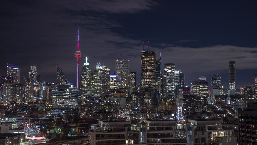 Toronto night time lapse city scape of downtown buildings