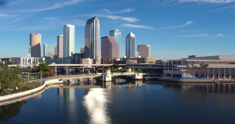 Tampa Skyline Over the Water, Aerial Drone