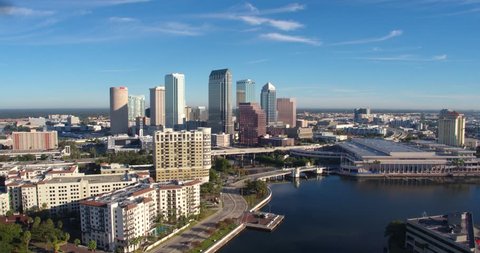 Aerial Drone Shot of Tampa City Skyline and Bay, Florida