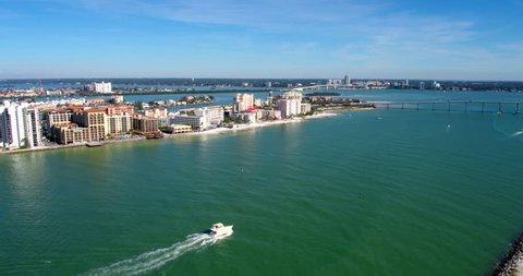 Tampa, Florida / United States - December 18 2018: Boat Along Tampa City Coast, Florida, Aerial Drone