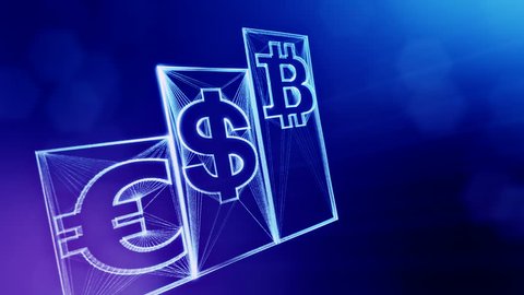 Columns with signs of bitcoin dollar and euro. Financial background made of glow particles as vitrtual hologram. Shiny 3D loop animation with depth of field, bokeh and copy space. Blue v6