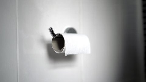 Last piece of toilet roll empty chrome holder brown cardboard roll white tiled background
