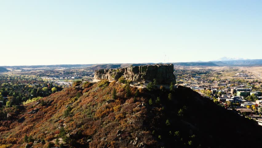 Wide Aerial shot of the rock in Castle Rock, Colorado