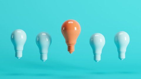 Outstanding orange light bulb among light blue light bulbs floating on blue background. 3D Animation.