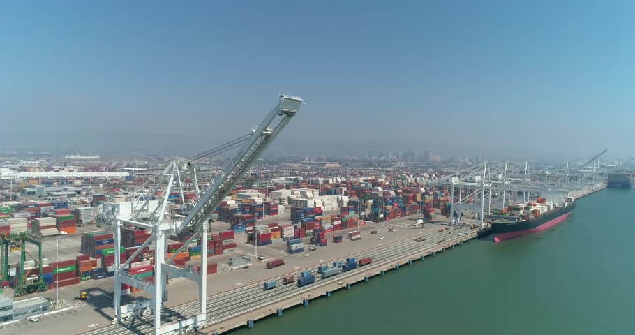Aerial view of container ships and lifting cranes in the Port of Oakland California