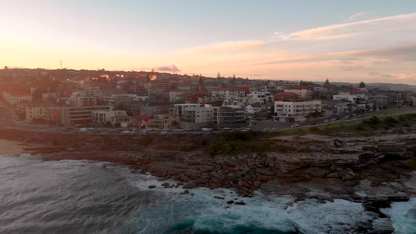 Aerial panoramic view of Maroubra Beach at Sunset, Sydney, Australia, 4K