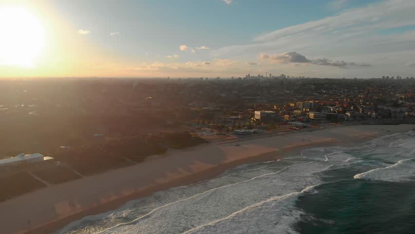 Aerial panoramic view of Maroubra Beach at Sunset, Sydney, Australia, 4K