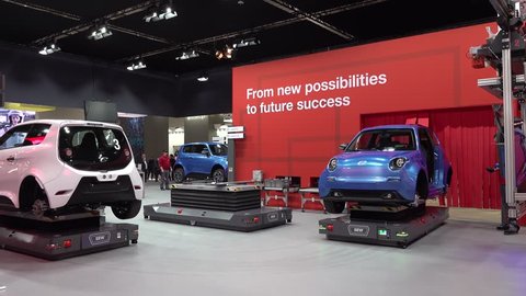 HANNOVER / GERMANY - APRIL 02 2019 : SEW Eurodrive is presenting the production of the new electric E.GO car at the HANNOVER FAIR.