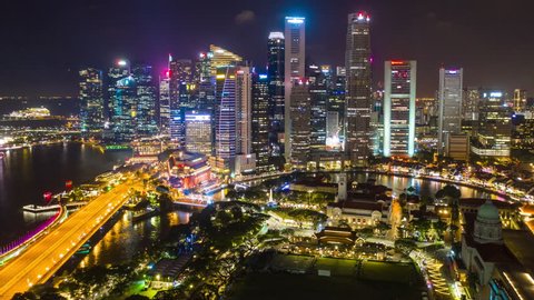 night illumination singapore cityscape aerial panorama 4k timelapse