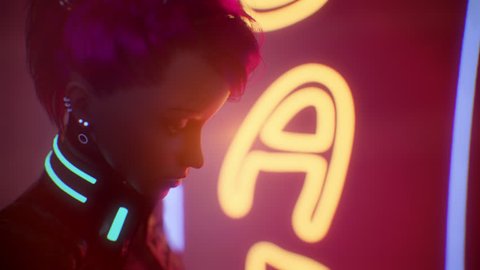 3d animation of a cyberpunk girl in stylish jacket with blue el wire standing near yellow neon light sign on street. Portrait against a neon sign. Modern glow night city. Girl with short red hair. Video de stock