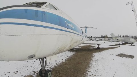 Abandoned airplane, old aircraft, plane wreck in graveyard
