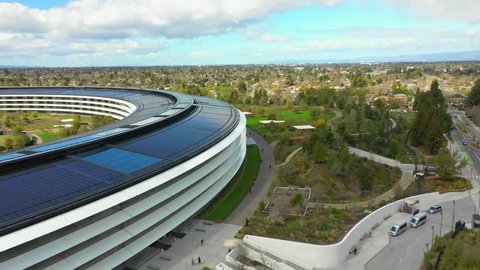CUPERTINO, CA, USA - MARCH 15, 2019: Aerial video Apple Park solar roof