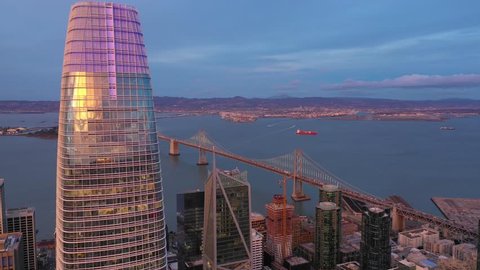 SAN FRANCISCO, CA, USA - MARCH 15, 2019: Aerial Salesforce Tower rooftop with views of the bay
