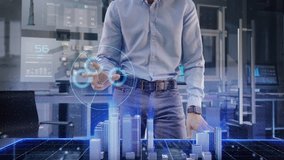Professional Architect works with Holographic Augmented Reality 3D City Model using gestures. Technologically Advanced Office use Augmented Virtual Modeling Software Application on Futuristic Display. - Powered by Shutterstock - Get 15% off with code: PIKWIZARD15