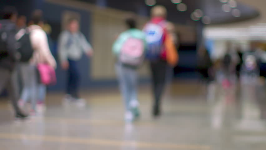 Blurred, out of focus shot of multi-ethnic teenage high school students walking in the hall of their school. ProRes file, shot in 4K UHD. Royalty-Free Stock Footage #1027062956