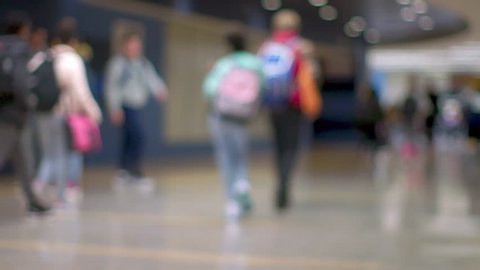 Blurred, out of focus shot of multi-ethnic teenage high school students walking in the hall of their school. ProRes file, shot in 4K UHD.