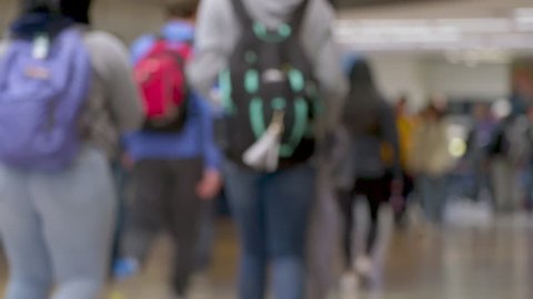Blurred, out of focus shot of multi-ethnic teenage high school students walking in the hall of their school. ProRes file, shot in 4K UHD.
