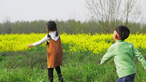 A little girl and a little boy are running and chasing with bubbles and each other on the grassland, beside, there is a large field of bright yellow rape flowers.