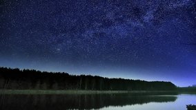 Wonderful beautiful night sky star trail TimeLapse Video in 4k, over the river and forest in transparent april night