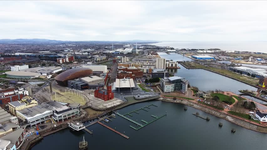 Aerial view of Cardiff Bay, the Capital of Wales, UK Royalty-Free Stock Footage #1027083116
