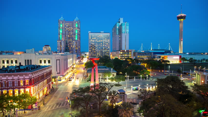 San Antonio TX Generic River Walk Downtown Cityscape in the Vibrant Texas City Center with Moving Lights from Driving Cars