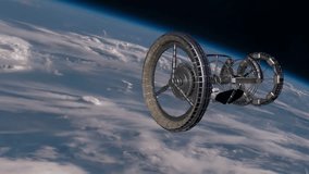 Sci Fi International Space Station ISS revolving over earths atmosphere. Space Station Orbiting Earth. 3D Animation. Elements of this video furnished by NASA.