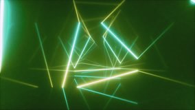 Abstract flying in futuristic corridor with triangles, seamless loop 4k background, fluorescent ultraviolet light, colorful laser neon lines, geometric endless tunnel, blue green spectrum, 3d render - Powered by Shutterstock - Get 15% off with code: PIKWIZARD15
