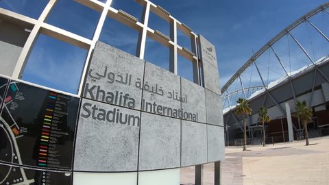 Doha, Qatar - February 21, 2019: closeup of Khalifa International Stadium Sign with map of Aspire Zone in Doha Sports City. The main stadium of Doha will host the 2022 World Cup.