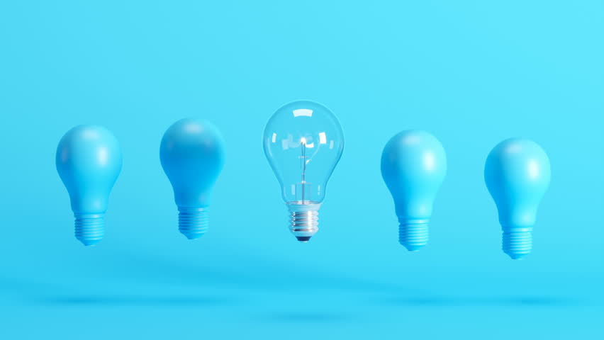 Outstanding light bulb among blue light bulbs floating on blue background. 3D Animation. | Shutterstock HD Video #1027105523