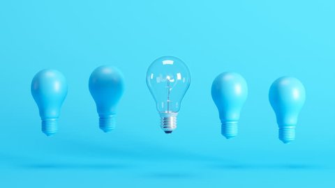 Outstanding light bulb among blue light bulbs floating on blue background. 3D Animation.
