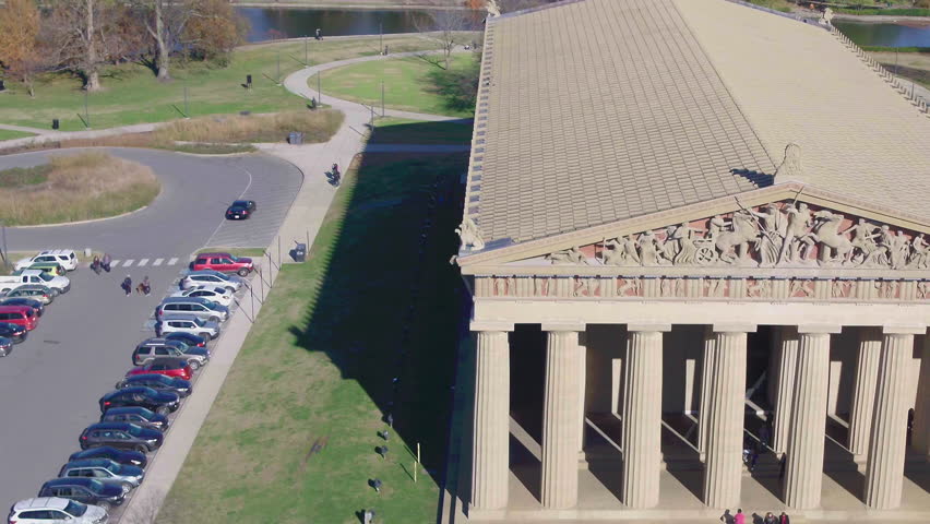 Aerial view, Nashville art museum Parthenon building. People walking below