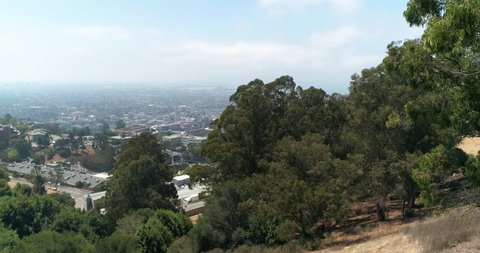 Berkeley hills aerial over trees to reveal UC Berkeley Northern California