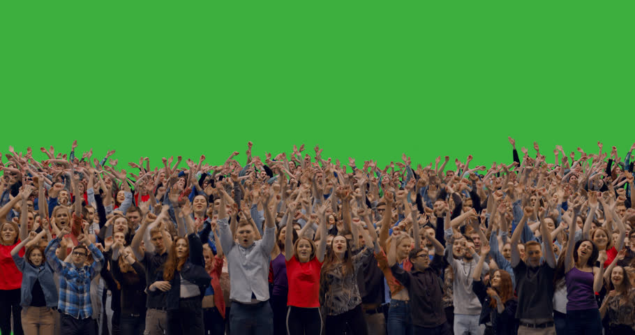 GREEN SCREEN CHROMA KEY Model released, front view of huge crowd jumping and cheering at a concert or a show. 4K UHD ProRes 4444